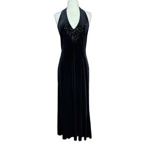 Vintage Size 10 Sheri Martin New York Black Sequin Velvet Halter Maxi Dress Goth